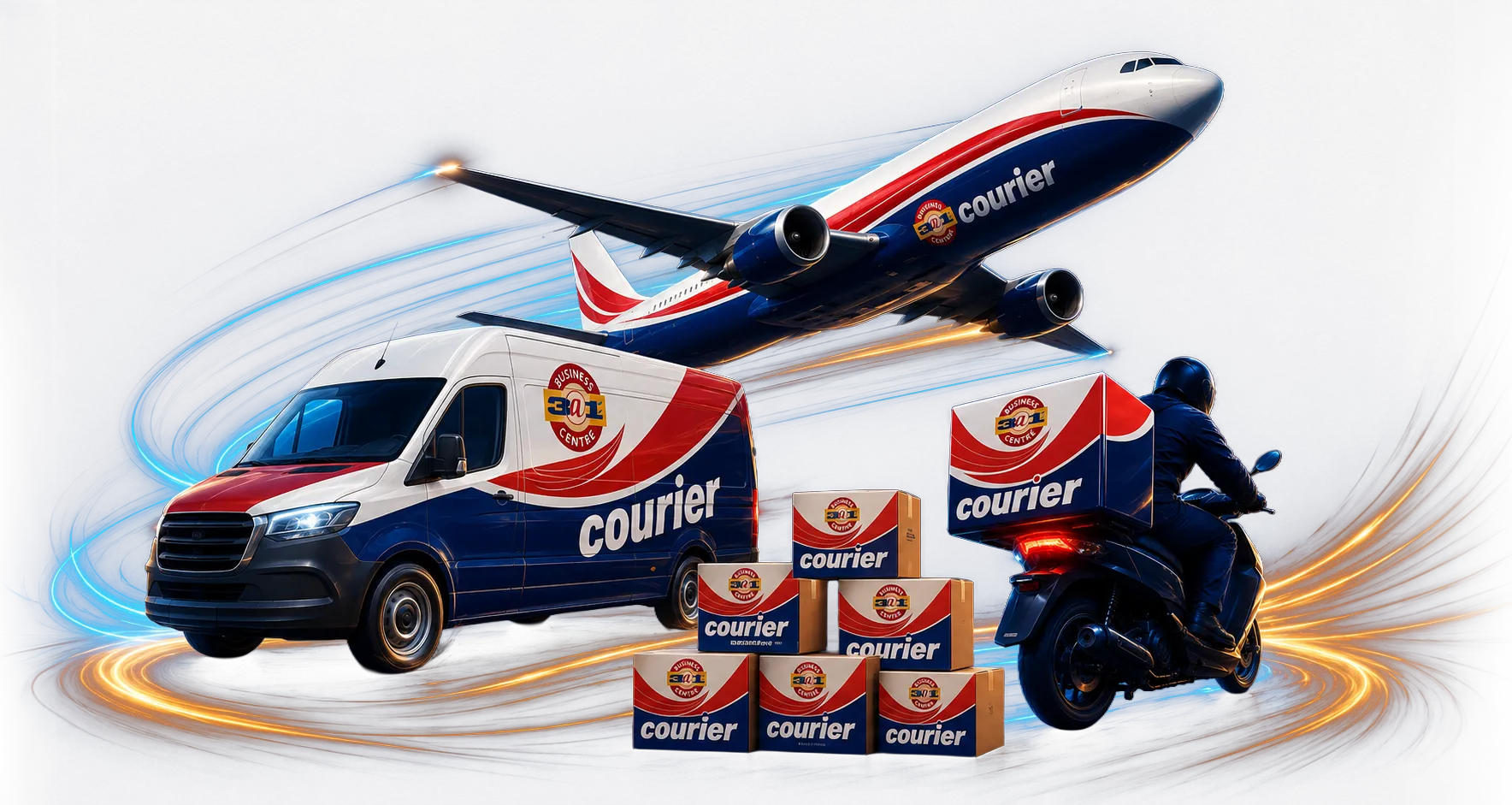 3@1 Courier fleet: delivery van, scooter and cargo jet sweeping through light streaks with branded parcels