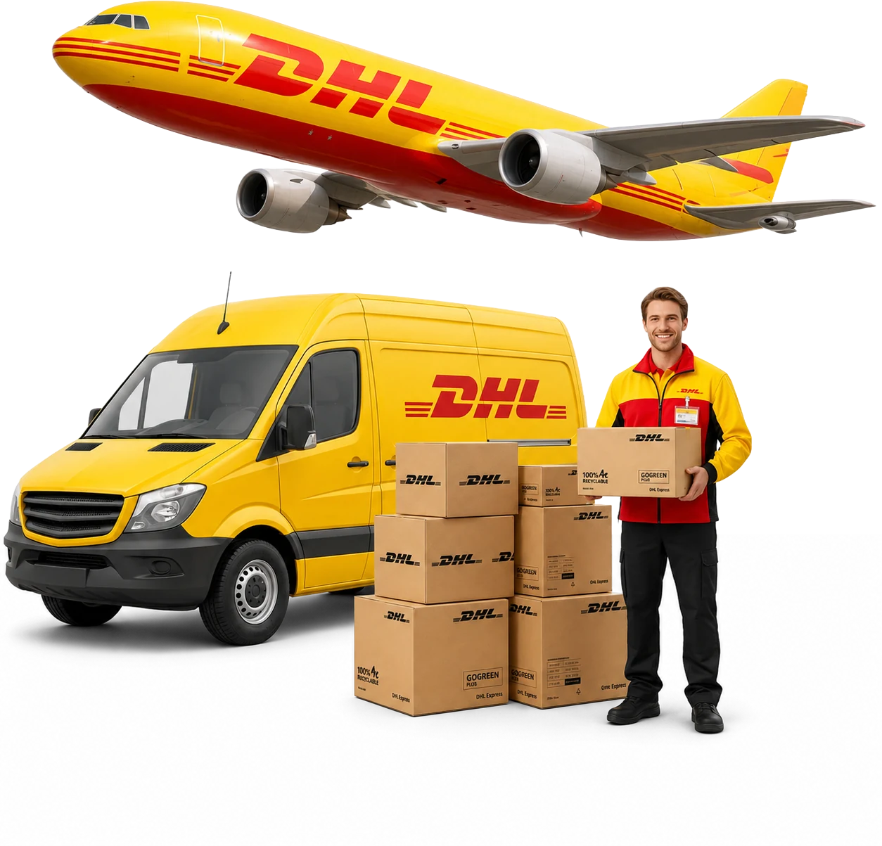 DHL courier with parked van, stacked boxes and cargo plane overhead