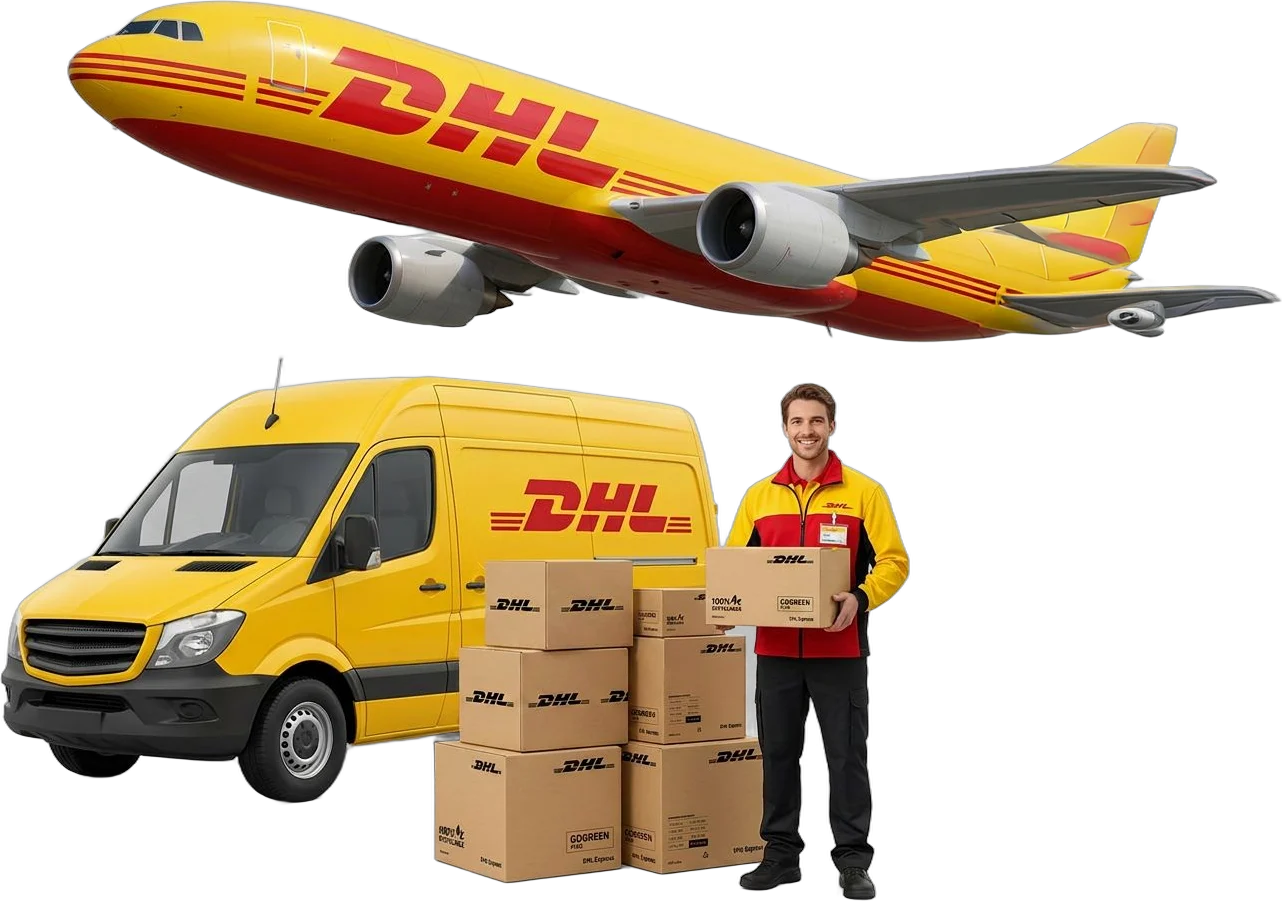 DHL Express plane, delivery van and courier with parcels