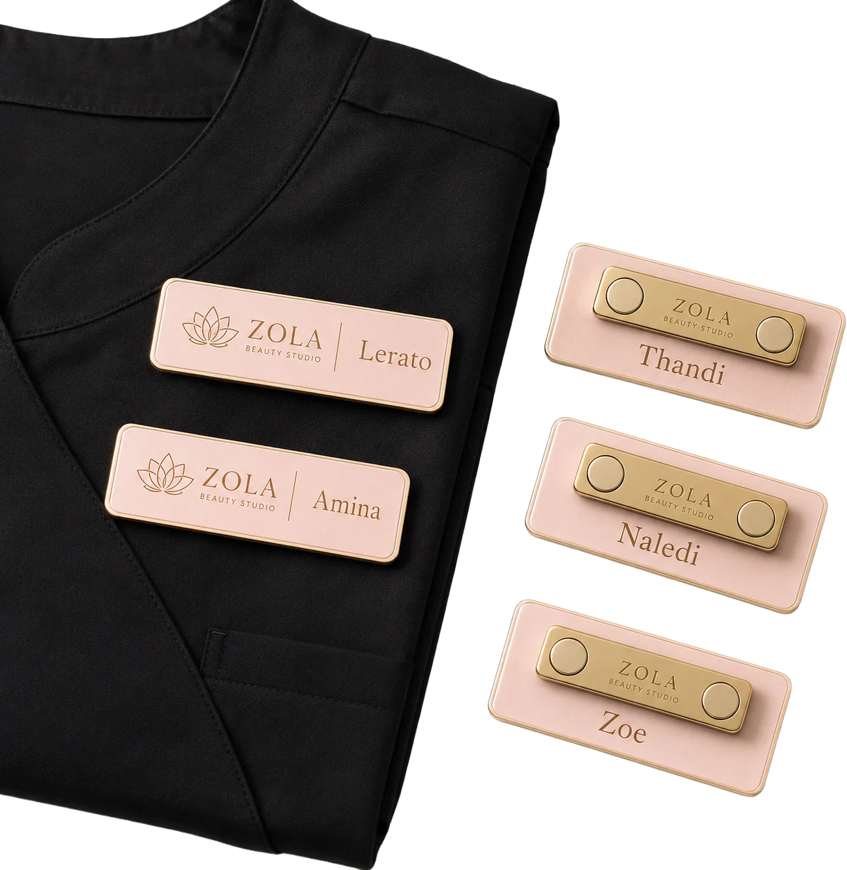 Zola Beauty Studio name badges with magnetic backing