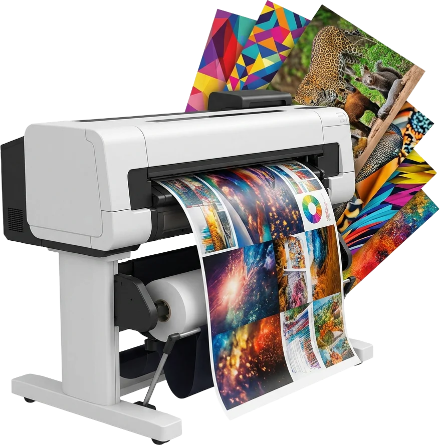 Wide-format roll printer producing a vivid poster