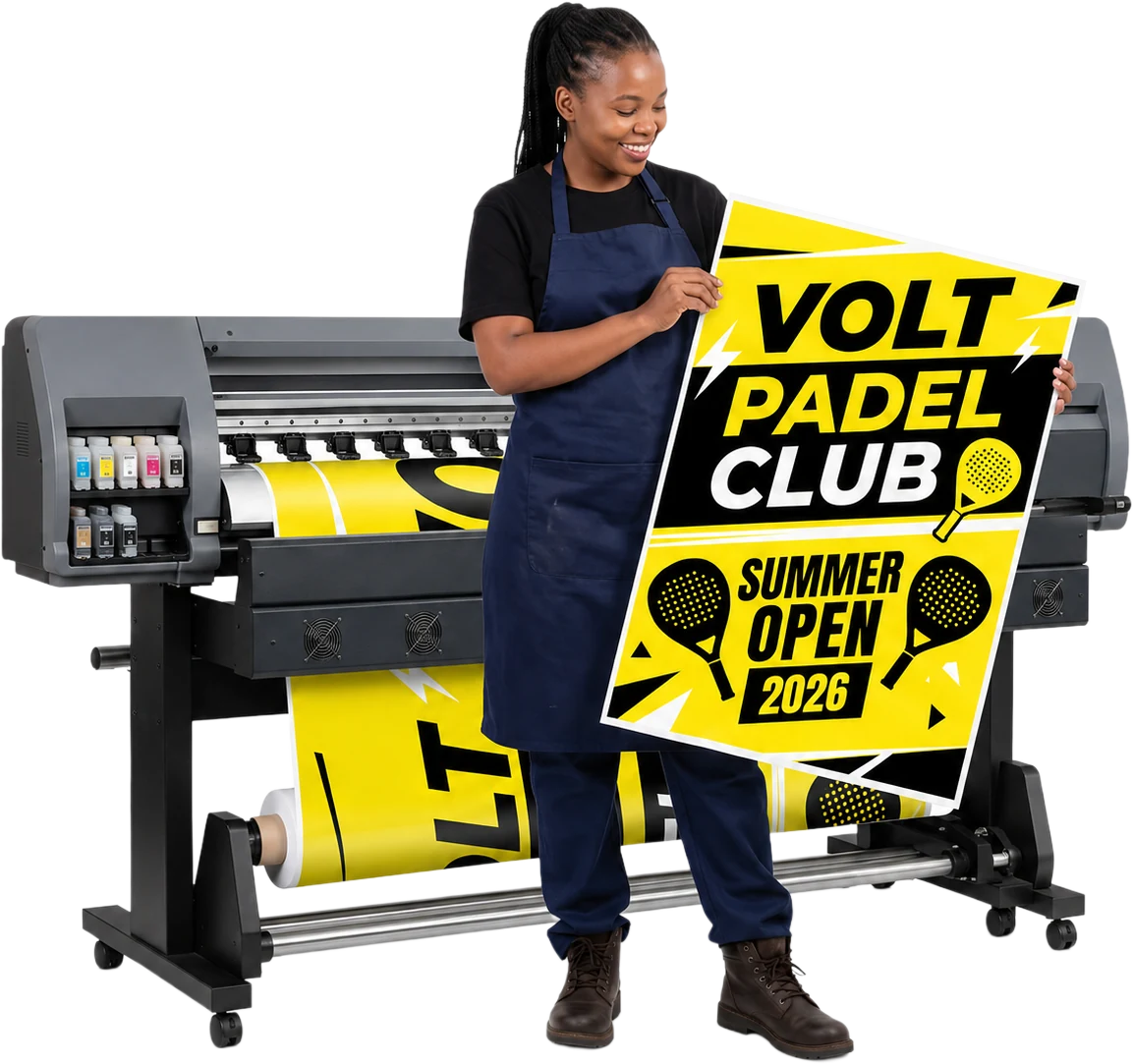 Staff member holding a freshly printed Volt Padel Club A0 poster beside a roll printer