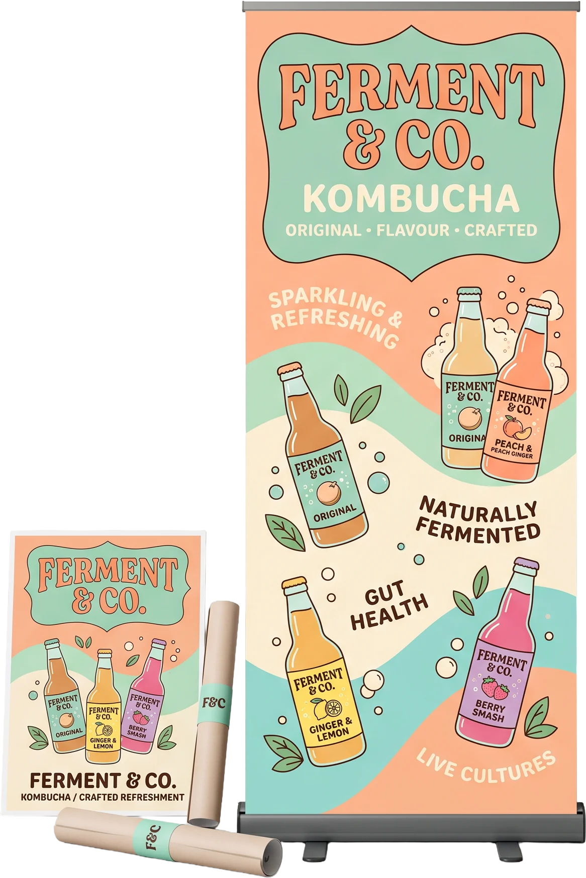 Ferment & Co. Kombucha pull-up banner with rolled posters