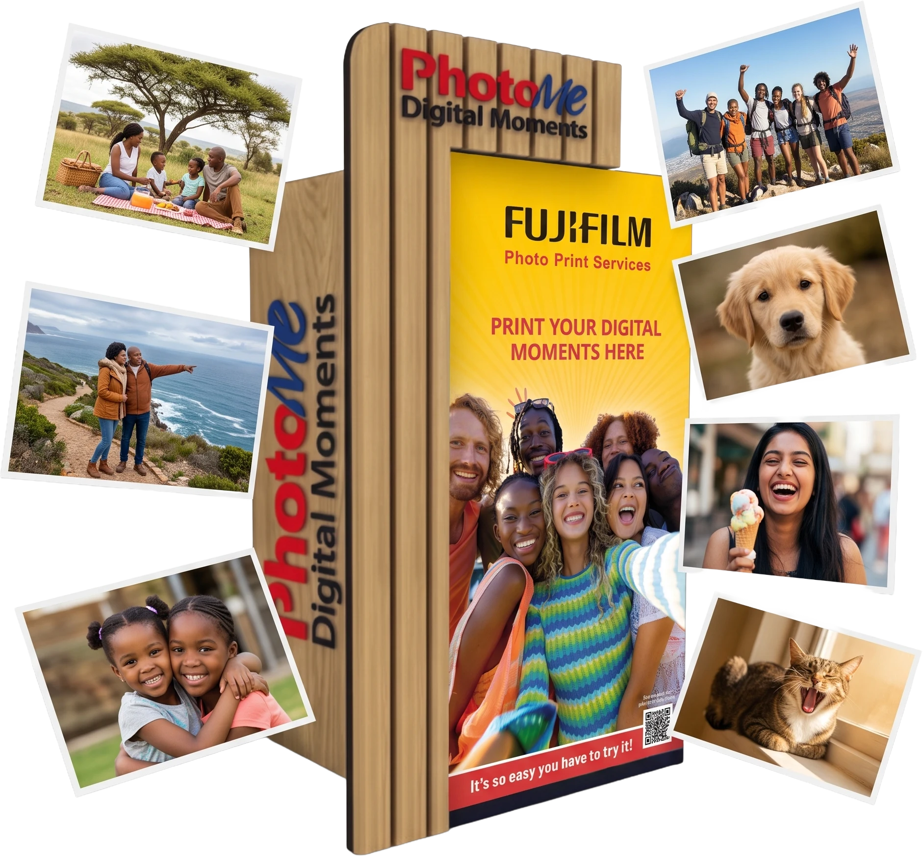 PhotoMe Fujifilm photo kiosk with printed photos floating around it