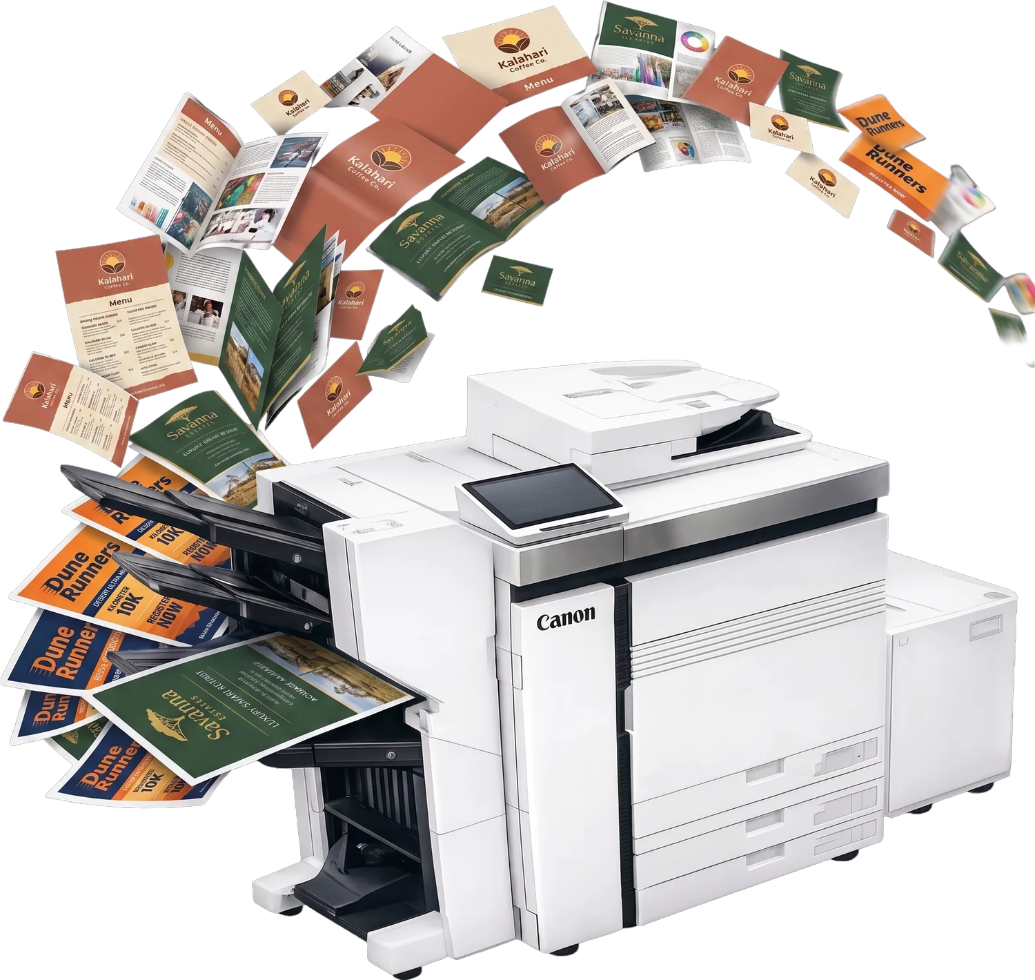 Production press with an arc of vivid customer prints flying out